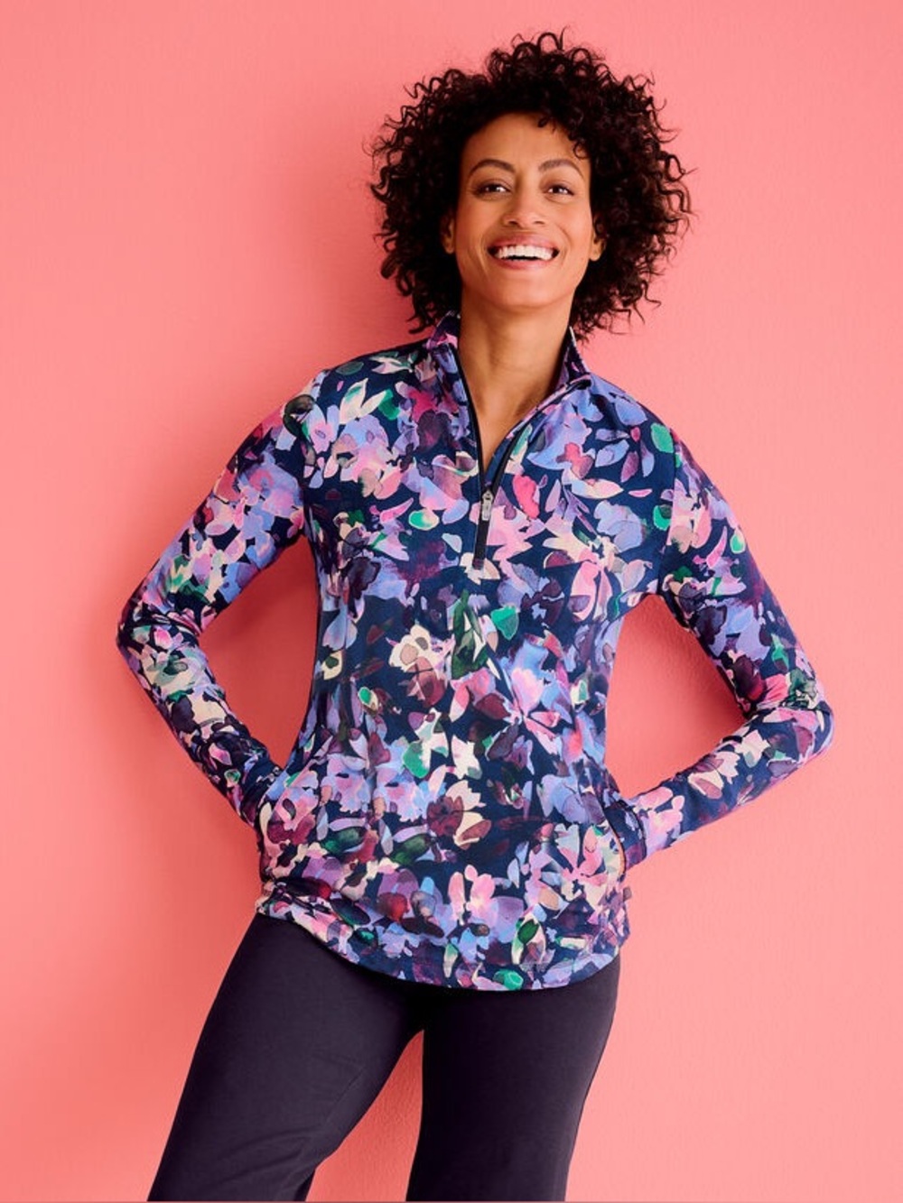 Talbots UPF 50+  French Terry Mock Neck Pullover Watercolor Blooms SZ LP